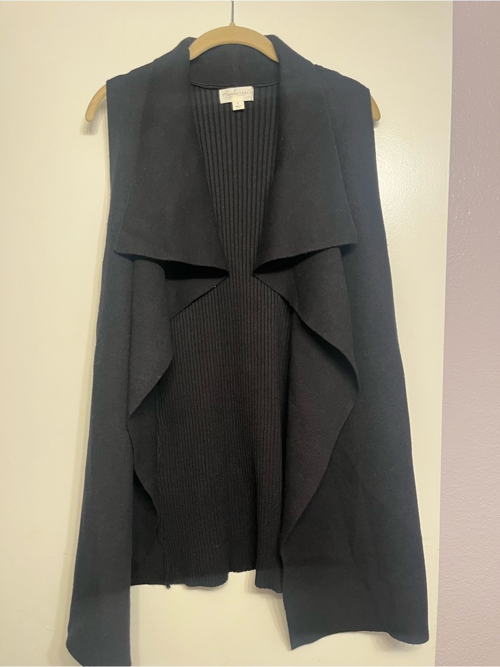 Magnolia Black Draped Open-Front Knit Vest Small PTP 20-26/L 30-36 EUC